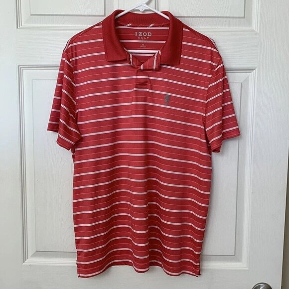IZOD Golf Polo Shirt Mens Size Medium Red White Striped Stretch Lightweight - Picture 1 of 5